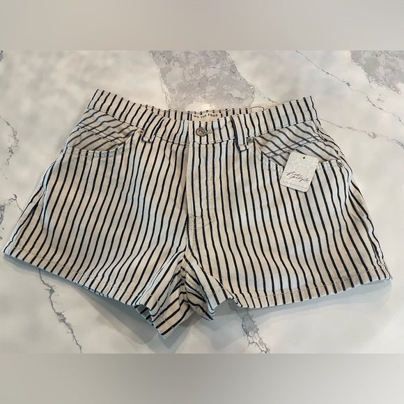 Free People Striped High Waist Railroad Denim Shorts - Picture 3 of 8